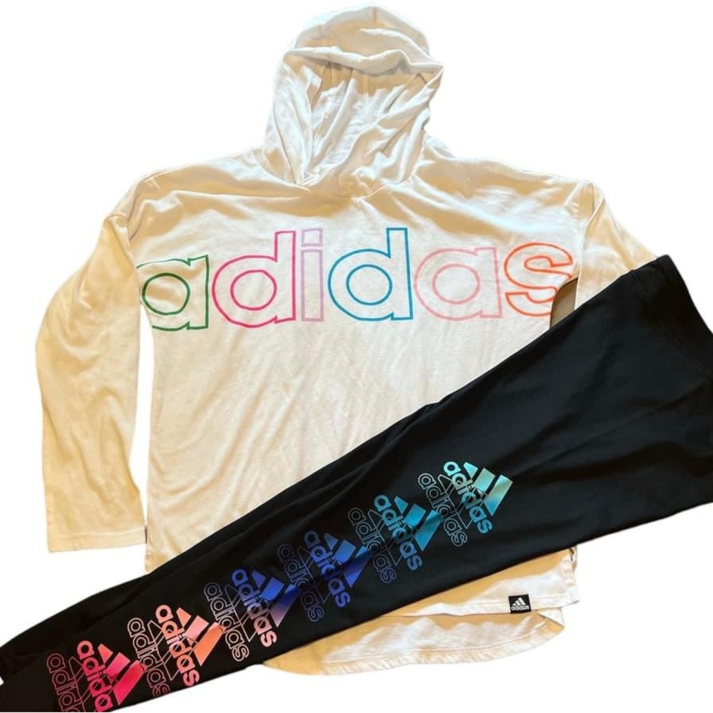 Adidas Girls White Hooded Long Sleeve and Black Adidas leggings